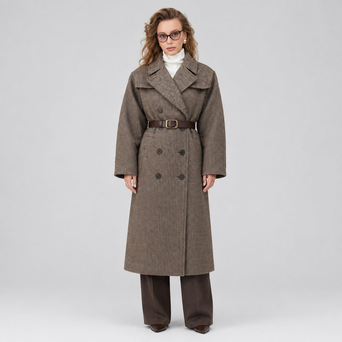 Manteau tweed croisé, photo studio, coloris marron, vue de face