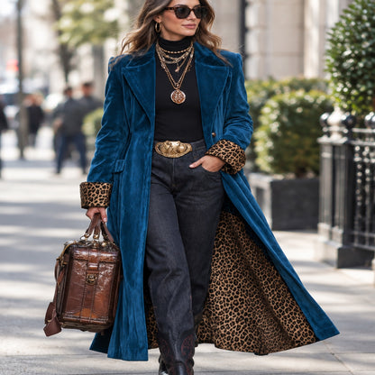 Manteau long effet velours bleu porte par un mannequin, look exterieur