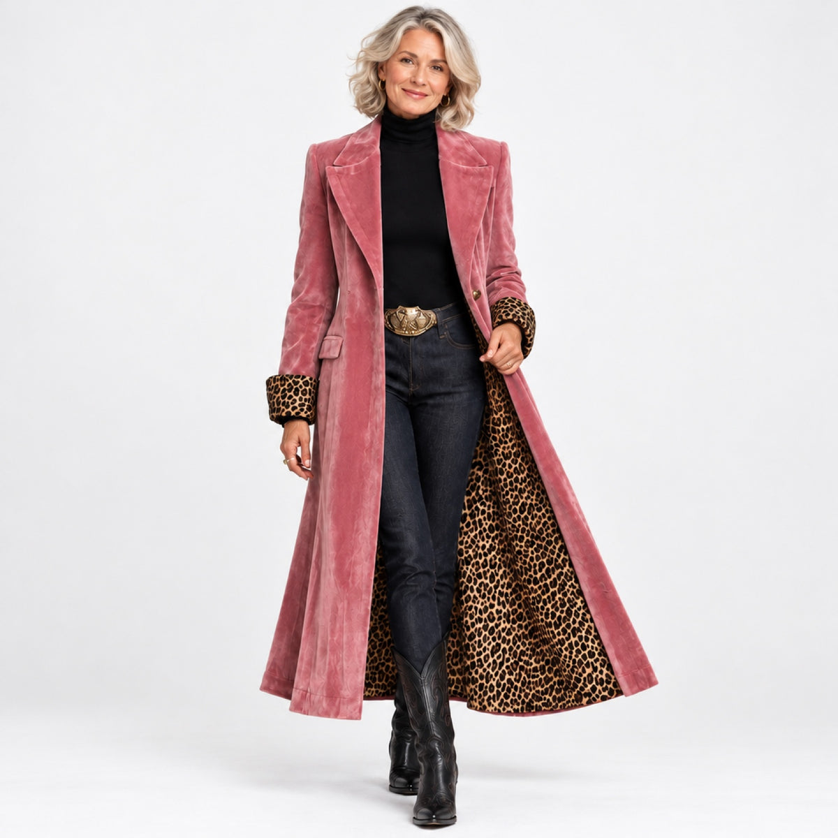 Manteau long effet velours rose ouvert, doublure imprime leopard visible