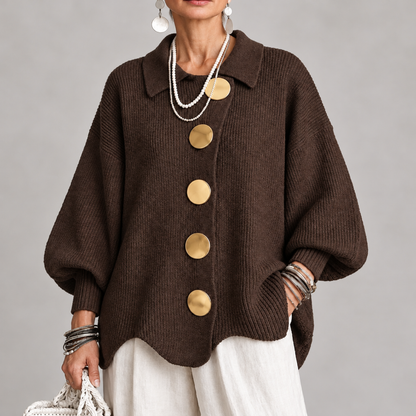 Cardigan oversized femme en maille, coloris marron, col boutonné doré