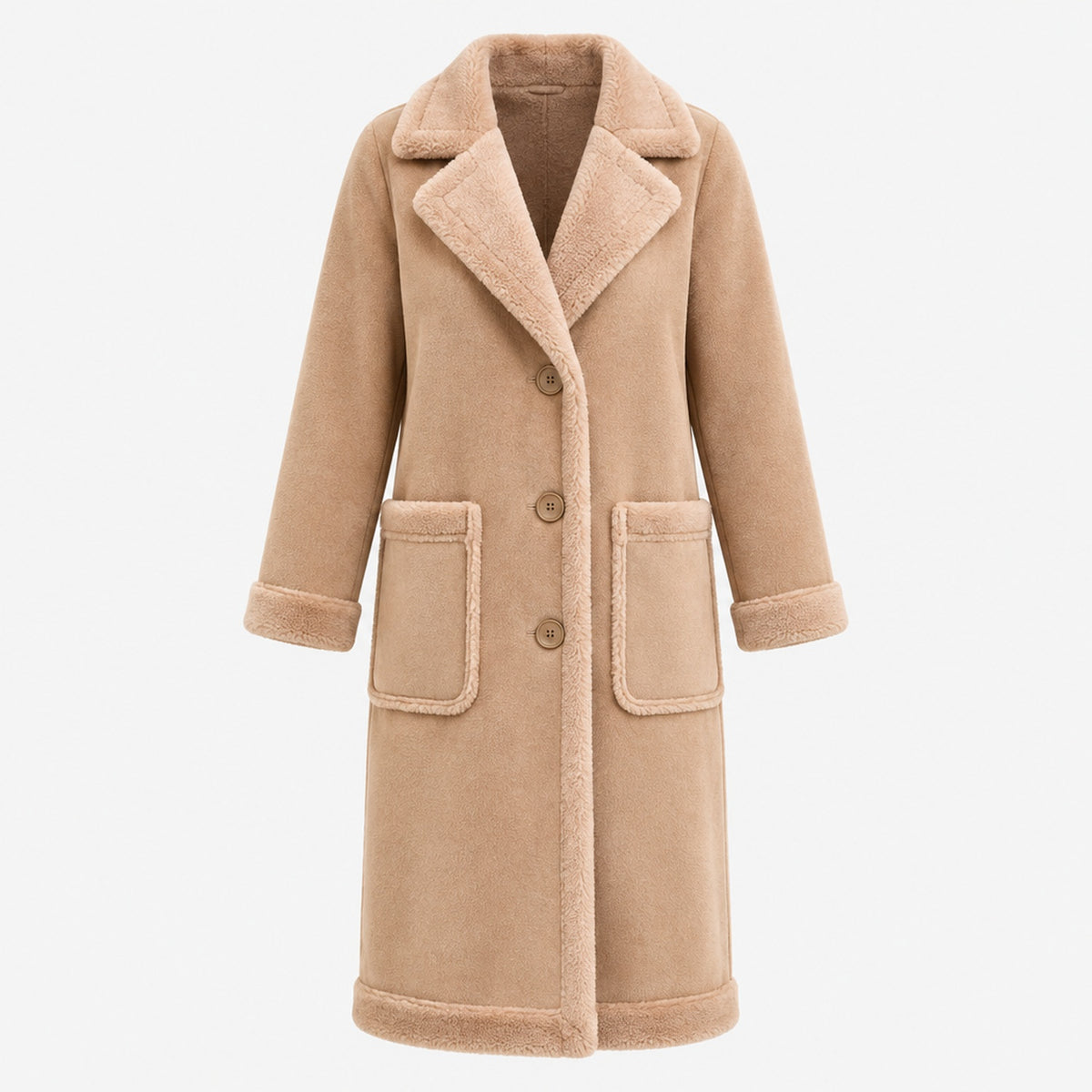 Manteau long velours aspect suède grande taille femme, coloris marron clair, vue de face, fond studio
