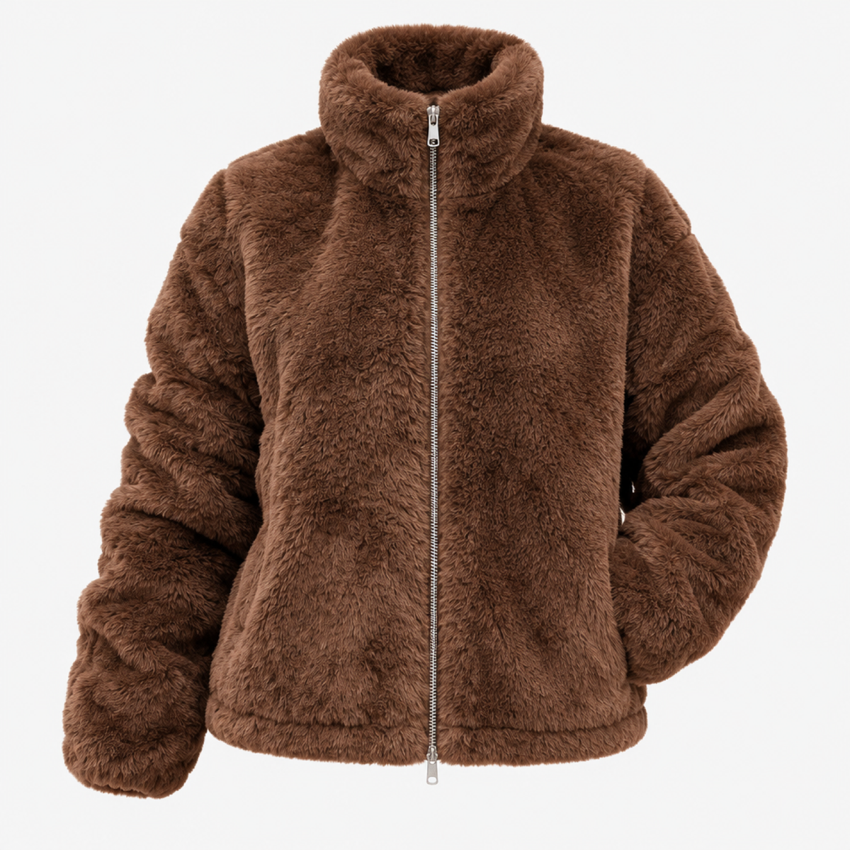 Veste oversize femme fausse fourrure marron, vue de face, fermeture zippée