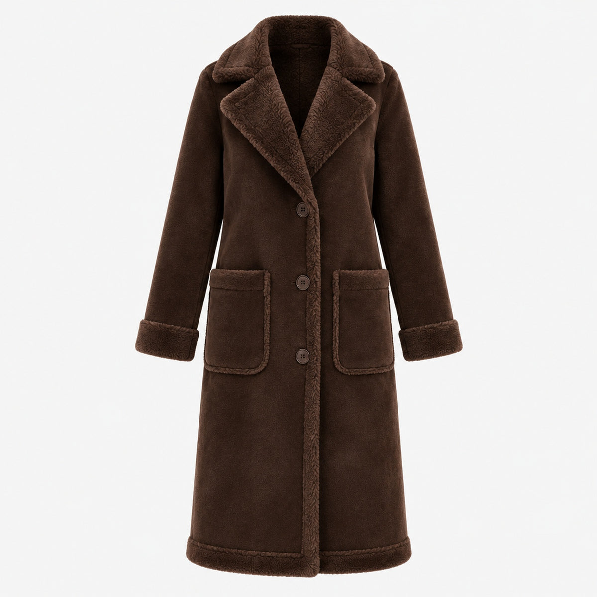 Manteau long velours aspect suède grande taille femme, coloris marron foncé, vue de face, fond studio