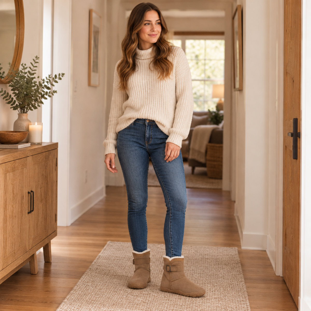 Bottines barefoot imperméables femme, coloris marron, portées en intérieur