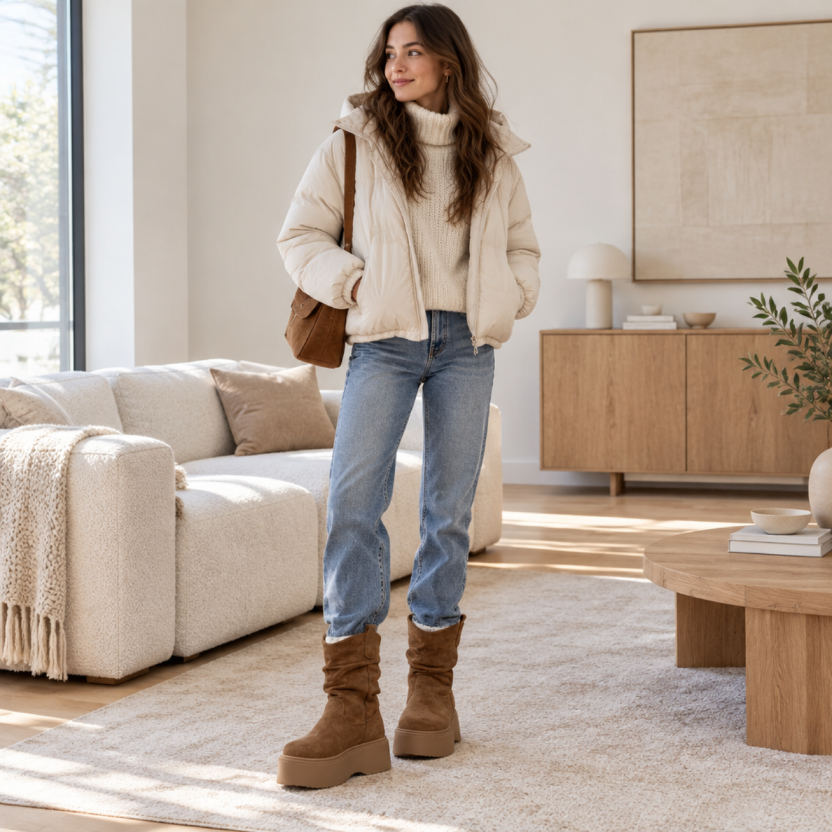 Bottines plateforme fourrées femme coloris marron clair portées en intérieur