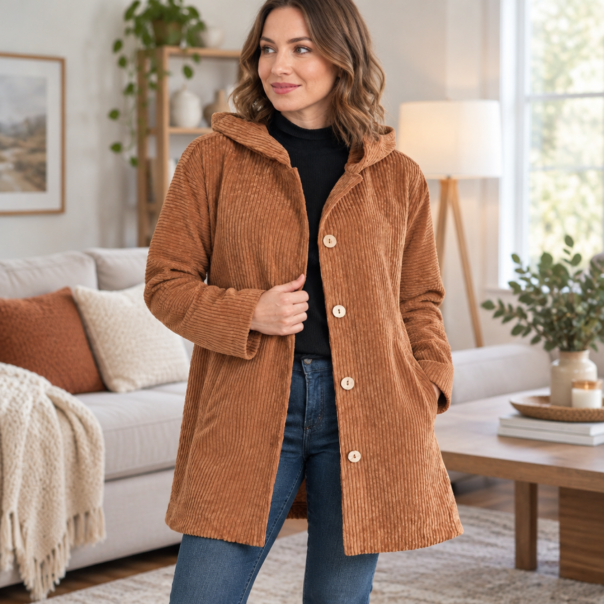 manteau femme marron, porté par une mannequin en intérieur