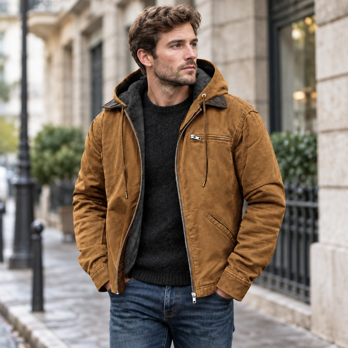 Veste imperméable à capuche marron portée en extérieur