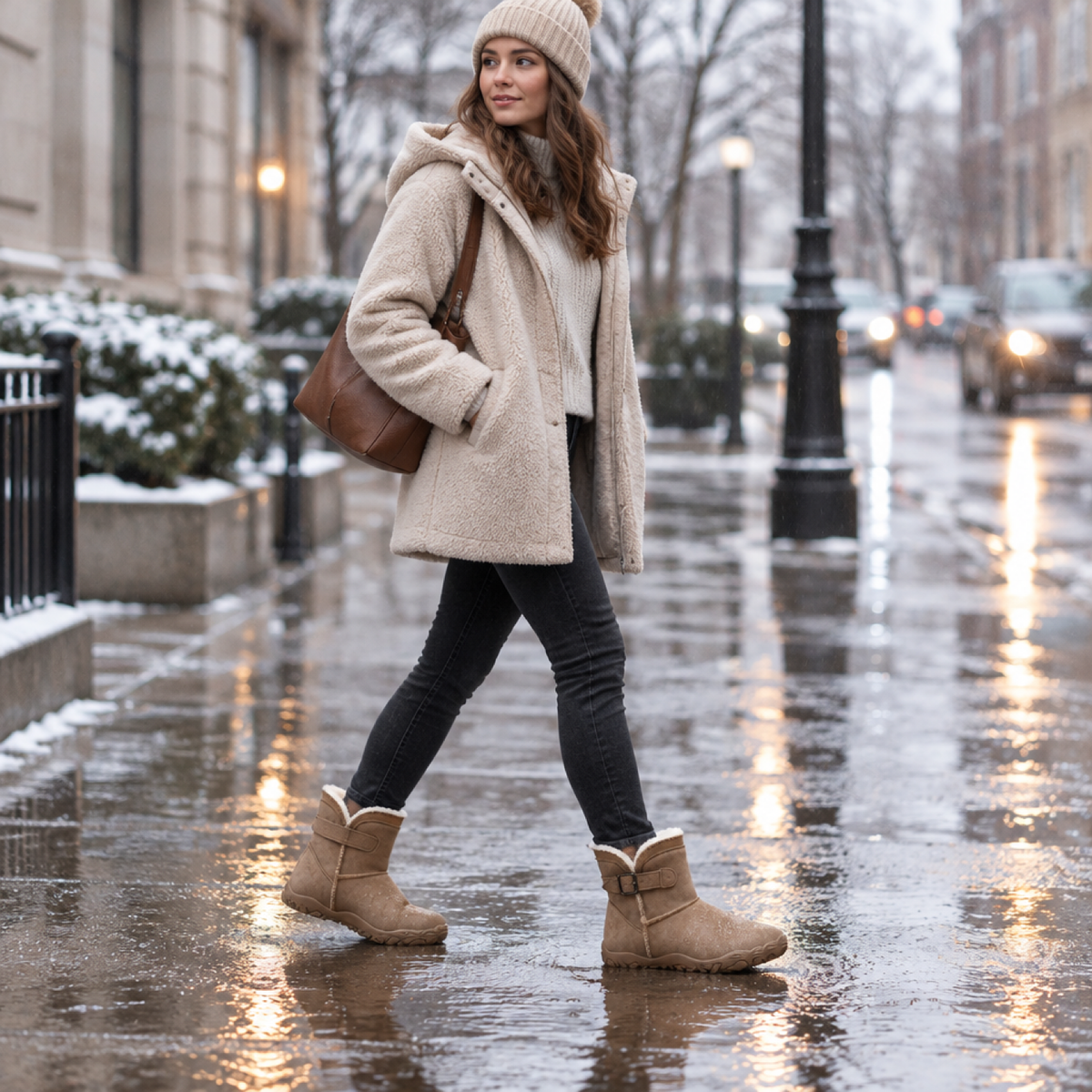 Bottines barefoot imperméables femme, coloris marron, portées en extérieur sous la pluie