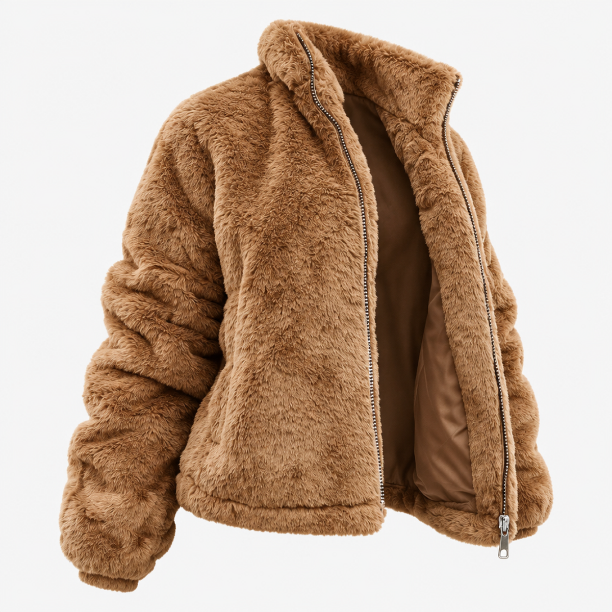 Veste oversize femme fausse fourrure marron, vue de profil