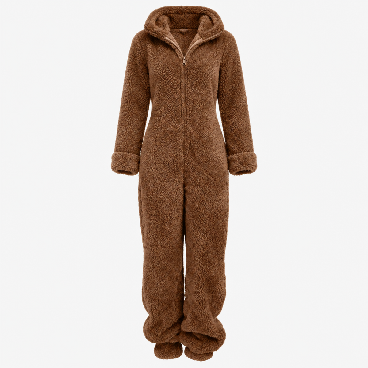 Combinaison polaire femme marron châtaigne, vue studio de face avec fermeture éclair