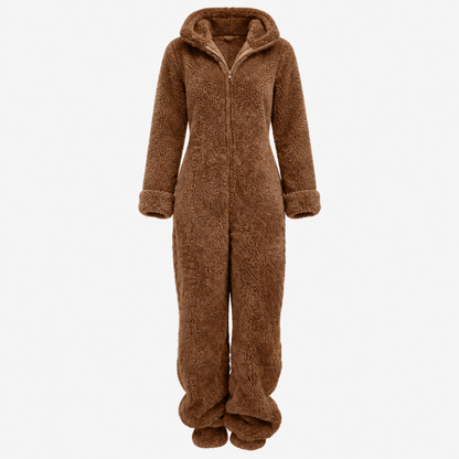 Combinaison polaire femme marron châtaigne, vue studio de face avec fermeture éclair