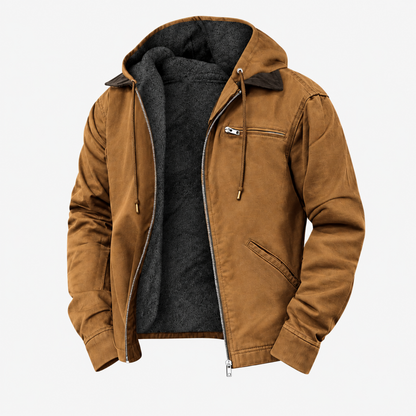 Veste imperméable à capuche marron doublée polaire, vue studio