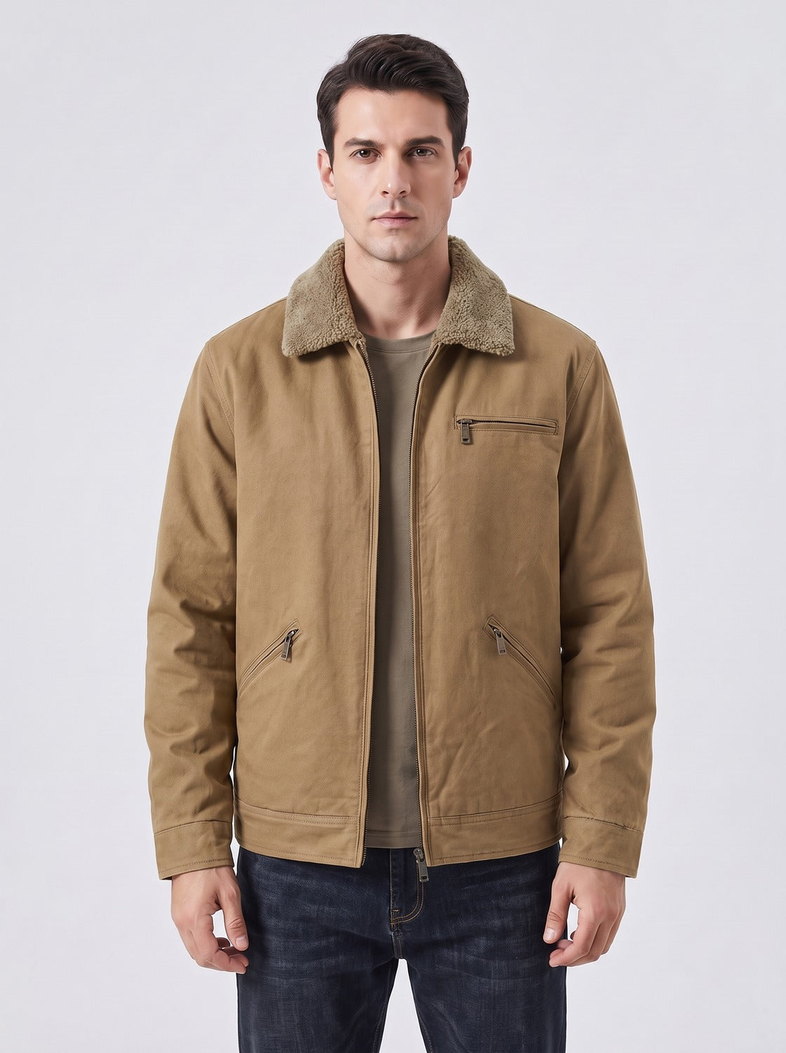 Veste de travail homme marron clair avec doublure polaire, vue de face - photo studio