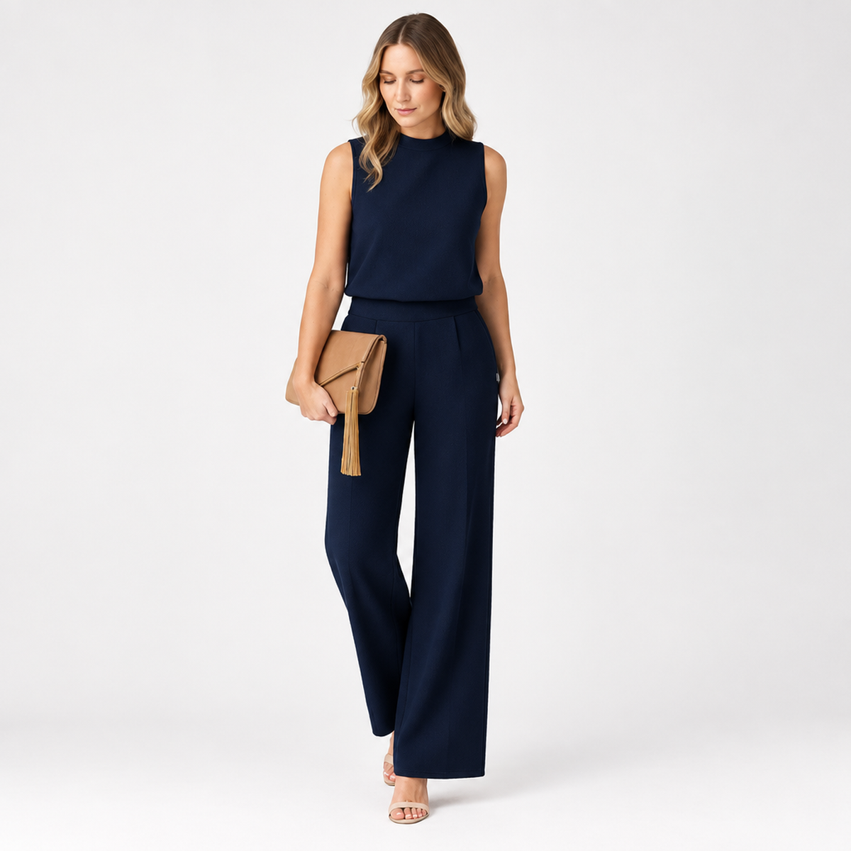 Ensemble femme bleu, veste et pantalon large, vue studio