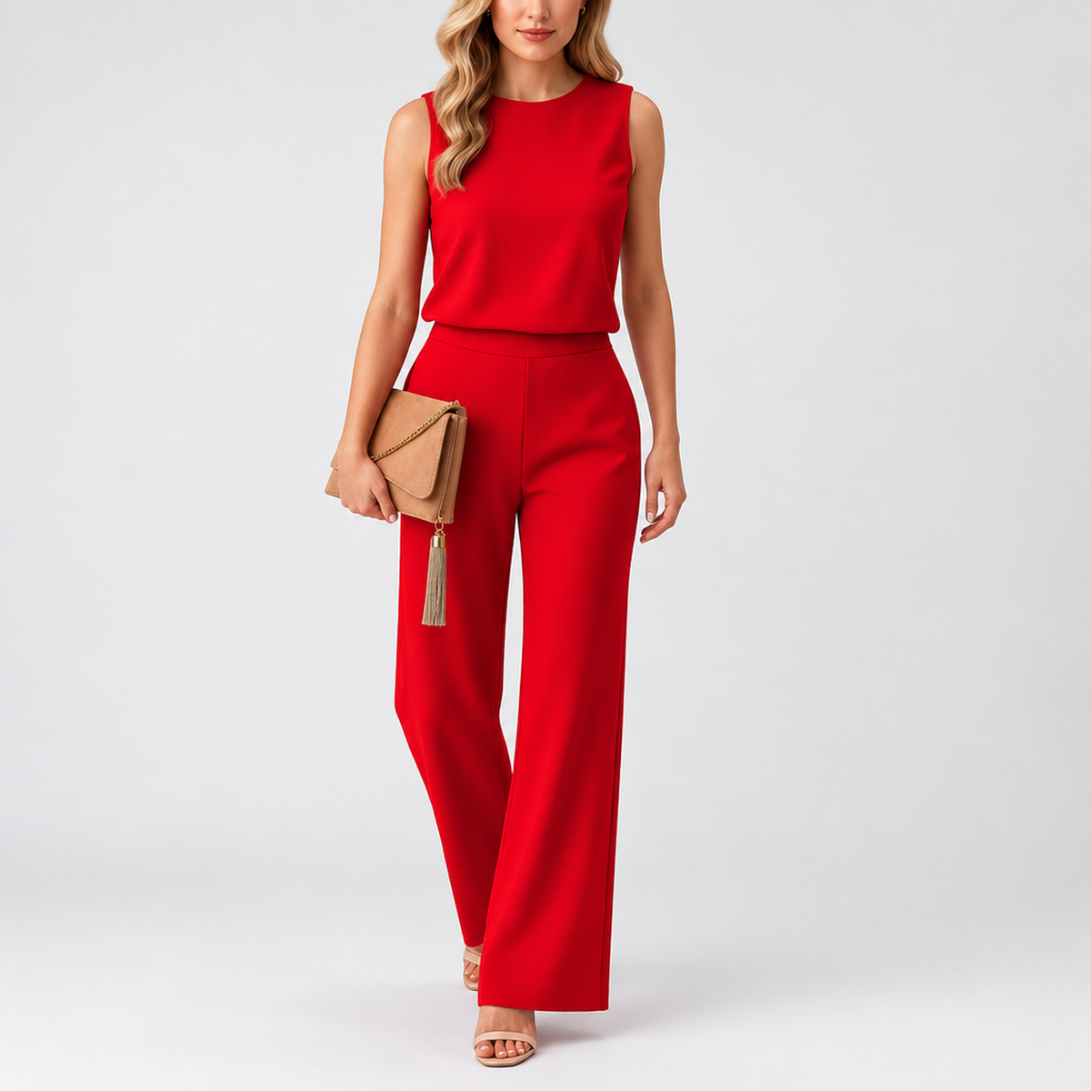 Ensemble femme rouge, veste et pantalon large, vue studio
