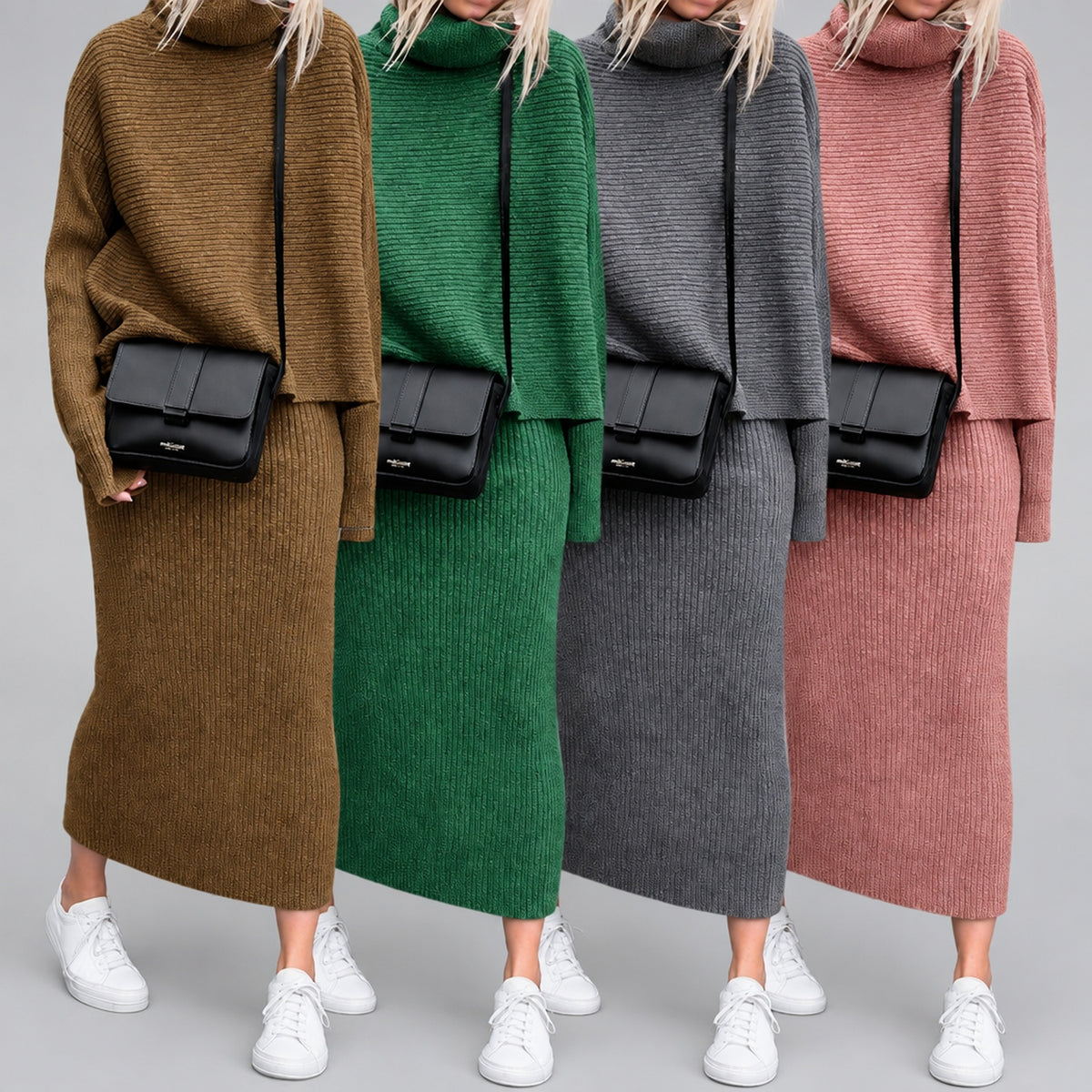 Ensemble haut et jupe maxi en maille côtelée disponible en quatre coloris : auburn, vert, gris et rose