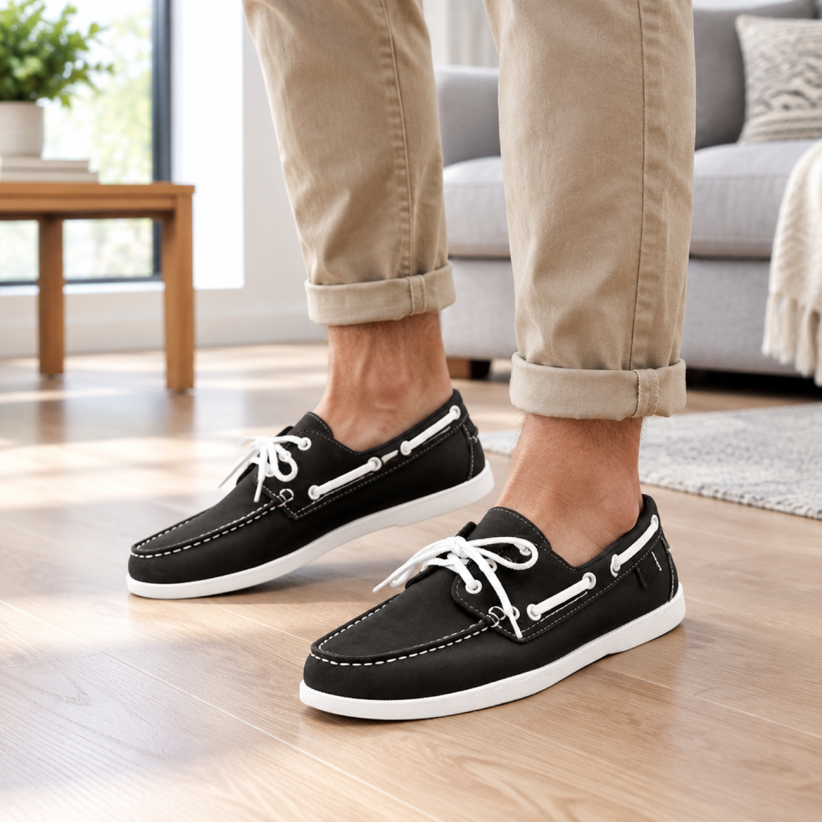 Chaussures bateau homme éco-cuir coloris Anthracite, portées par un modèle en intérieur