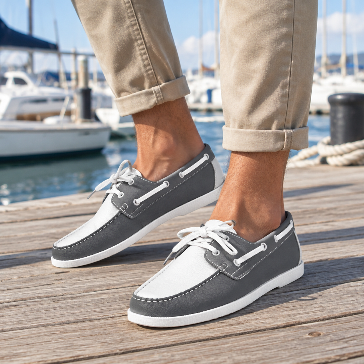 Chaussures bateau homme éco-cuir coloris Gris, portées par un modèle en extérieur sur un ponton