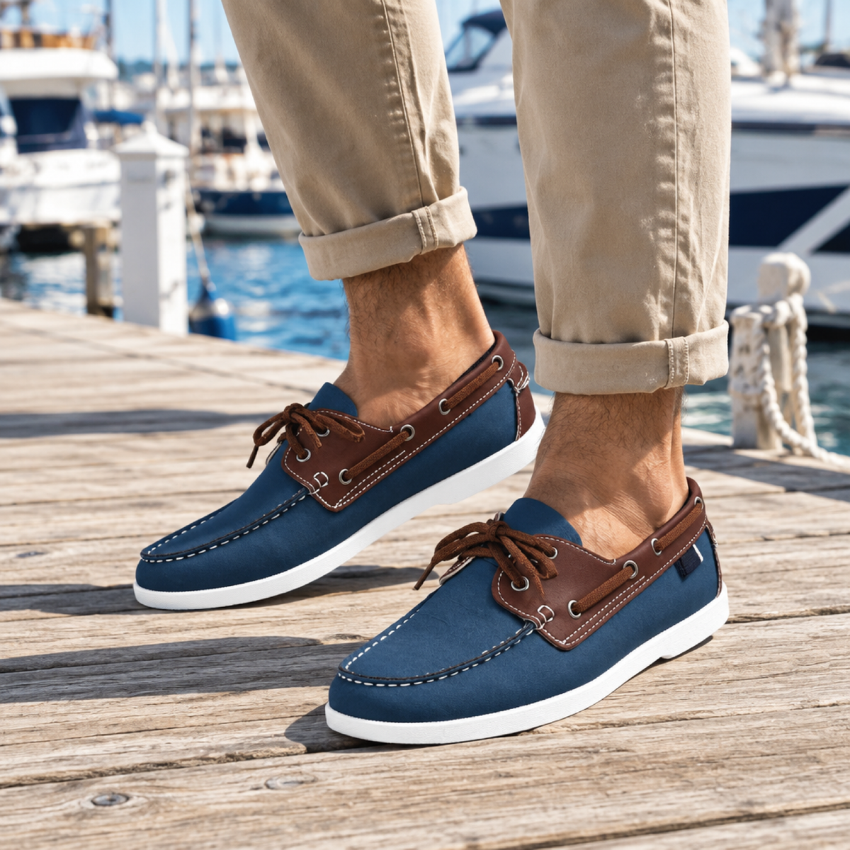 Chaussures bateau homme éco-cuir coloris Marine, portées par un modèle en extérieur sur un ponton