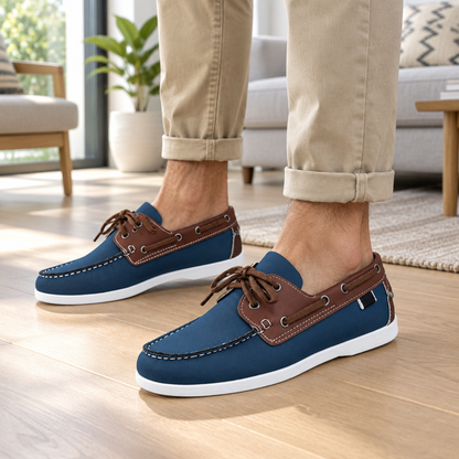 Chaussures bateau homme éco-cuir coloris Marine, portées par un modèle en intérieur