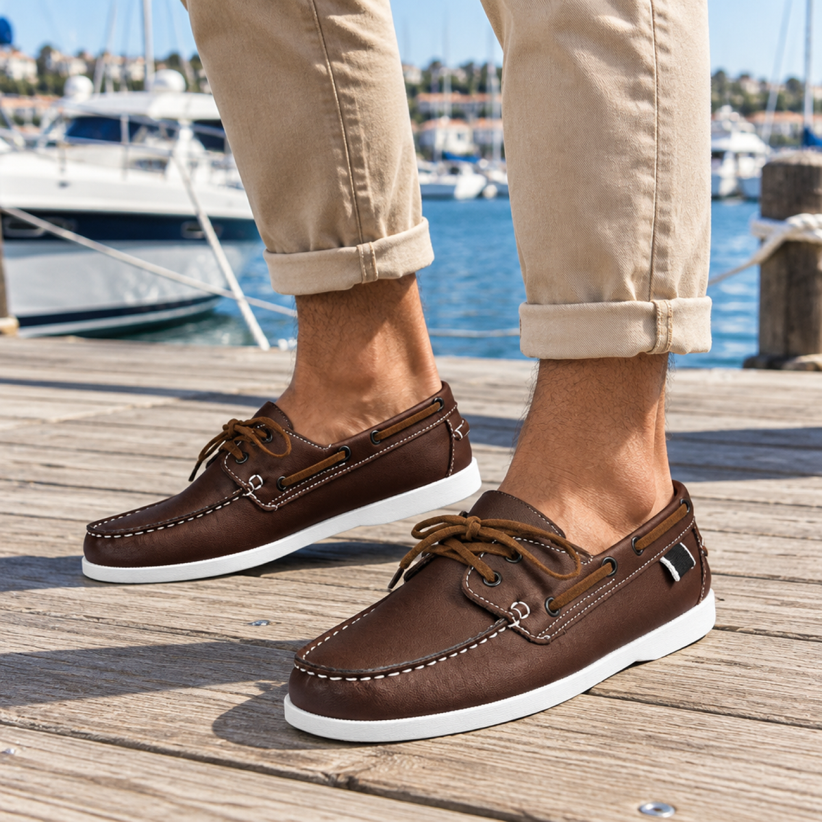 Chaussures bateau homme éco-cuir coloris Noyer, portées par un modèle en extérieur sur un ponton