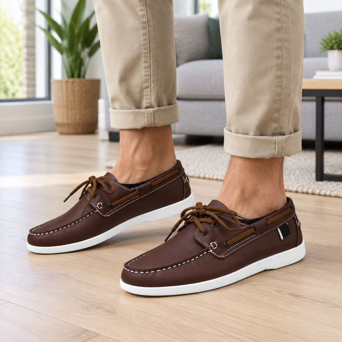 Chaussures bateau homme éco-cuir coloris Noyer, portées par un modèle en intérieur
