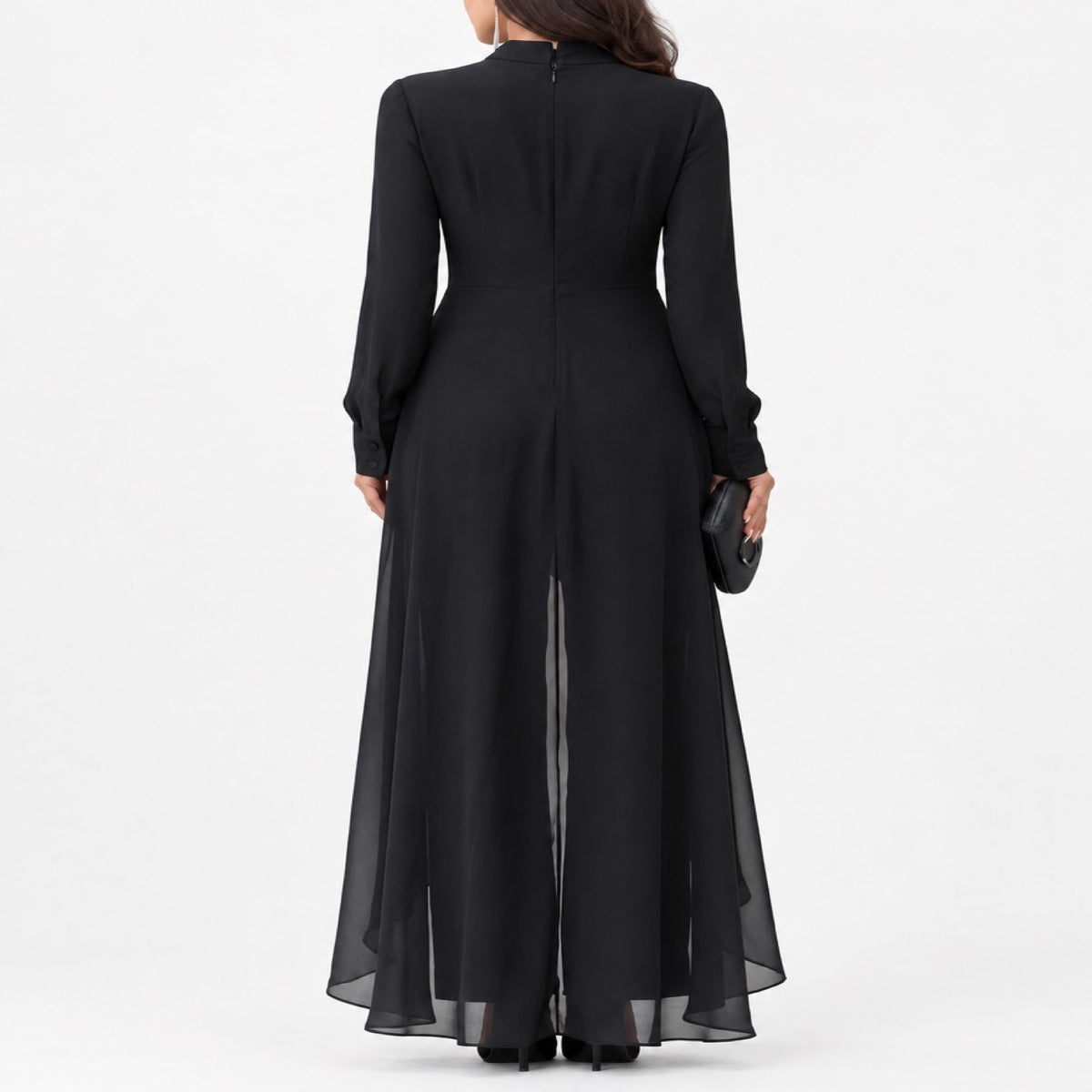 Ensemble tunique mousseline et pantalon large femme avec écharpe drapée, vue de dos studio