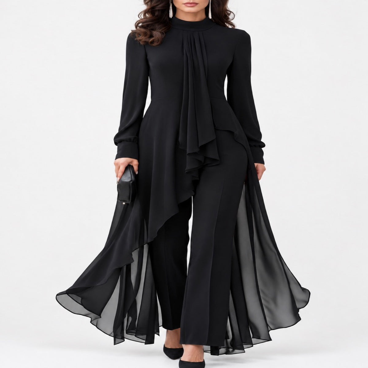 Ensemble tunique mousseline et pantalon large femme avec écharpe drapée, vue de face studio