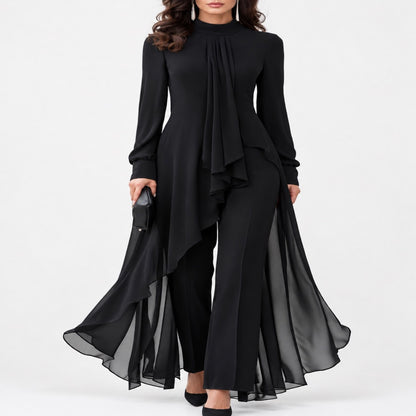 Ensemble tunique mousseline et pantalon large femme avec écharpe drapée, vue de face studio