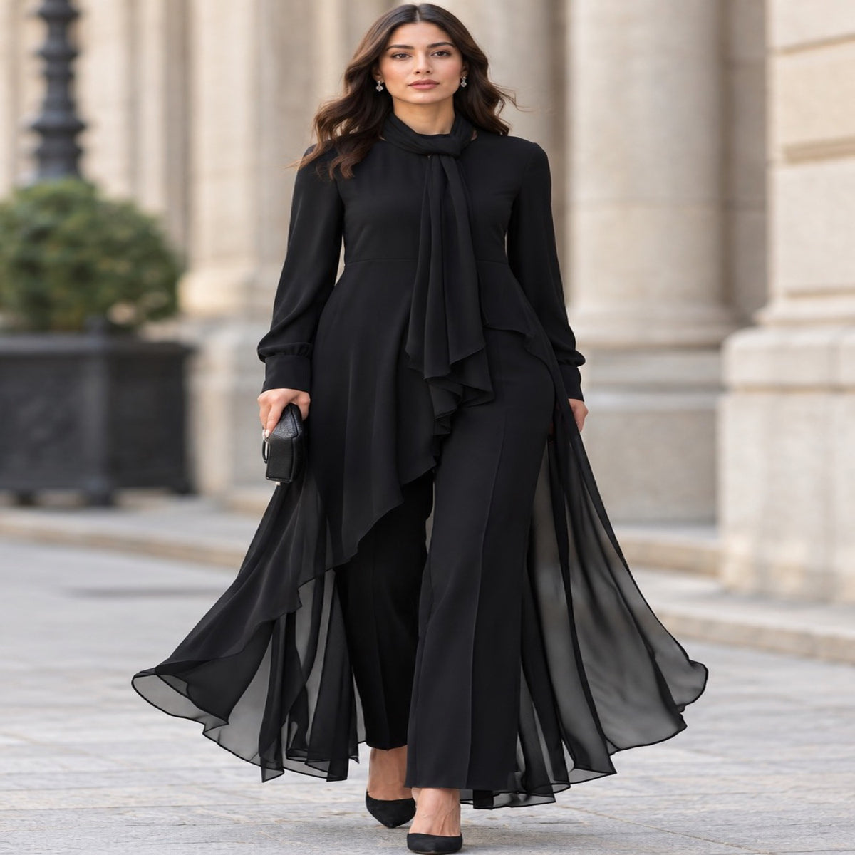 Ensemble tunique mousseline et pantalon large avec écharpe drapée porté par un mannequin