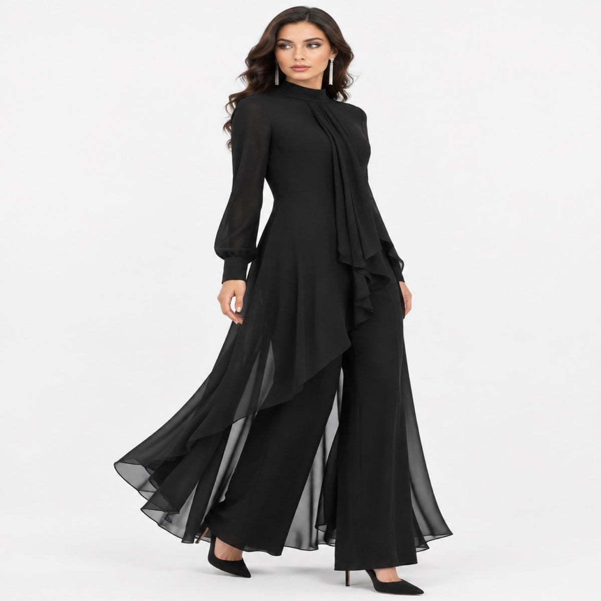 Ensemble tunique mousseline et pantalon large femme avec écharpe drapée, vue de profil studio