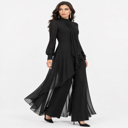 Ensemble tunique mousseline et pantalon large femme avec écharpe drapée, vue de profil studio