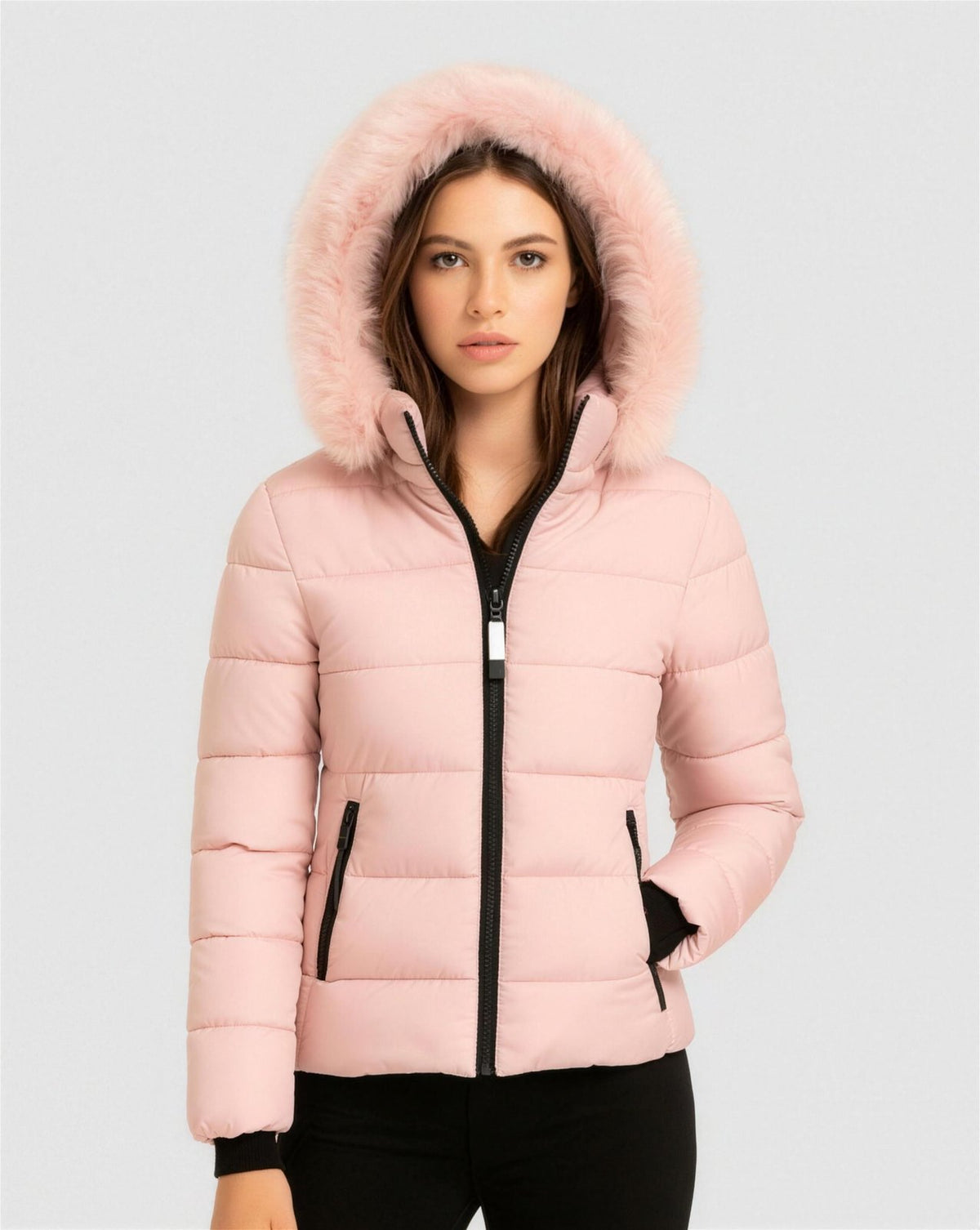 Doudoune Femme Capuche Fausse Fourrure - Rose