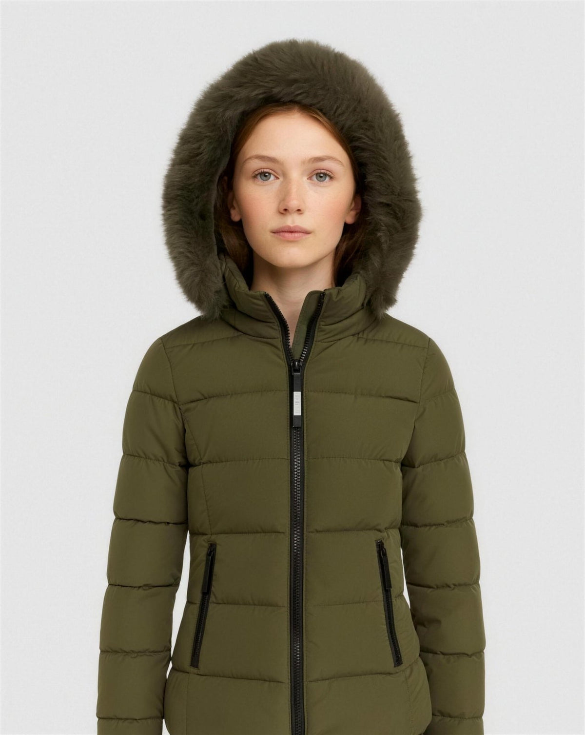 Doudoune Femme Capuche Fausse Fourrure - Vert armee