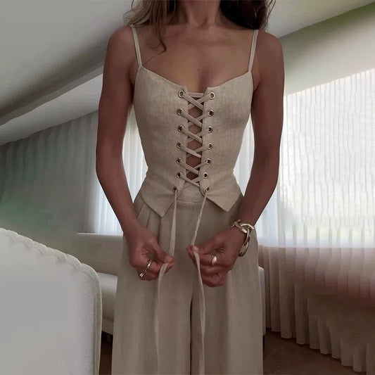 Ensemble Corset Lacé - Beige