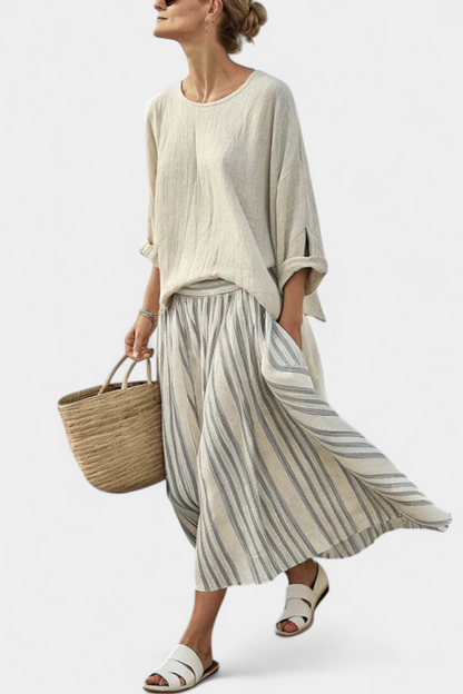 Ensemble Décontracté Femme Beige - Blouse et Jupe