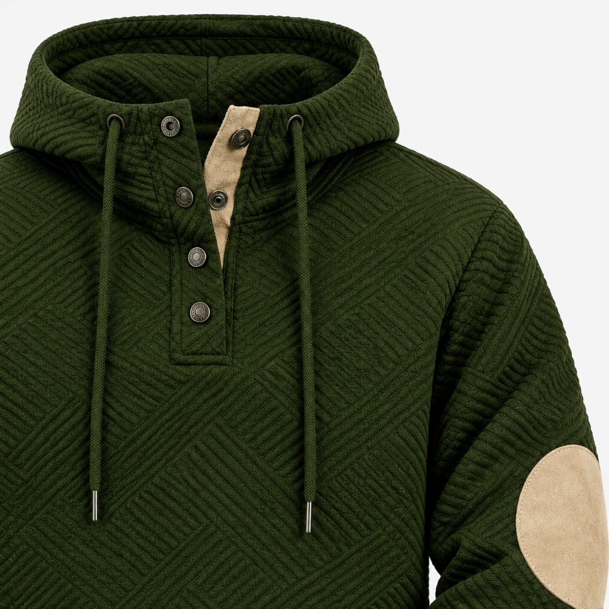 Détail du col du hoodie avec boutons-pression et coudières suède