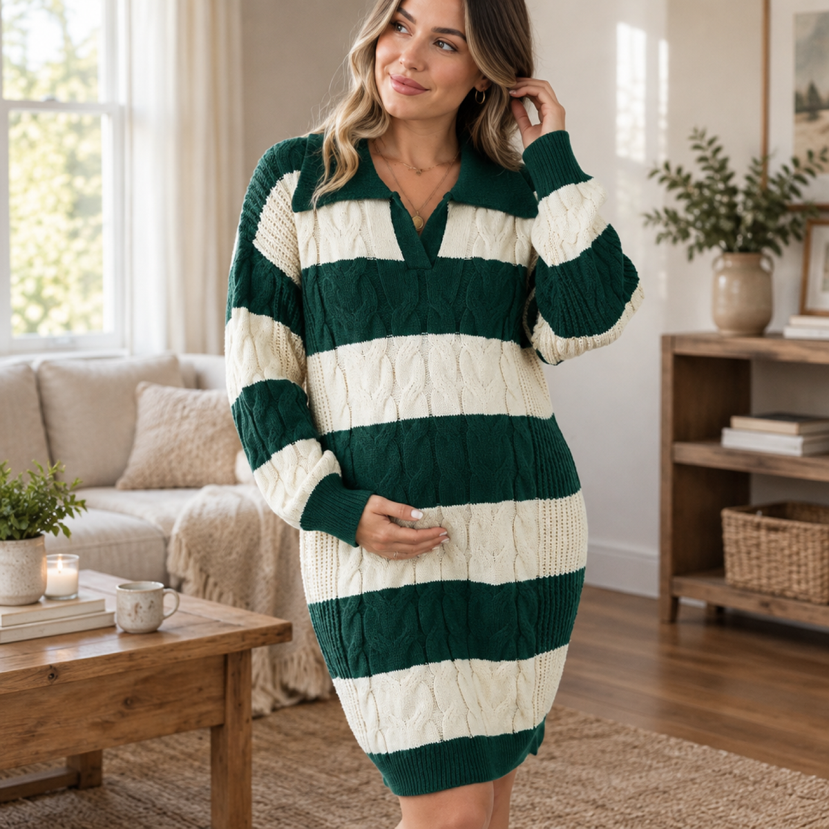 Femme enceinte portant la robe pull grossesse chunky rayée vert et écru, dans un intérieur cosy