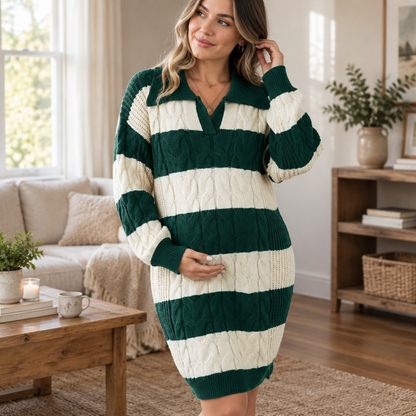 Femme enceinte portant la robe pull grossesse chunky rayée vert et écru, dans un intérieur cosy