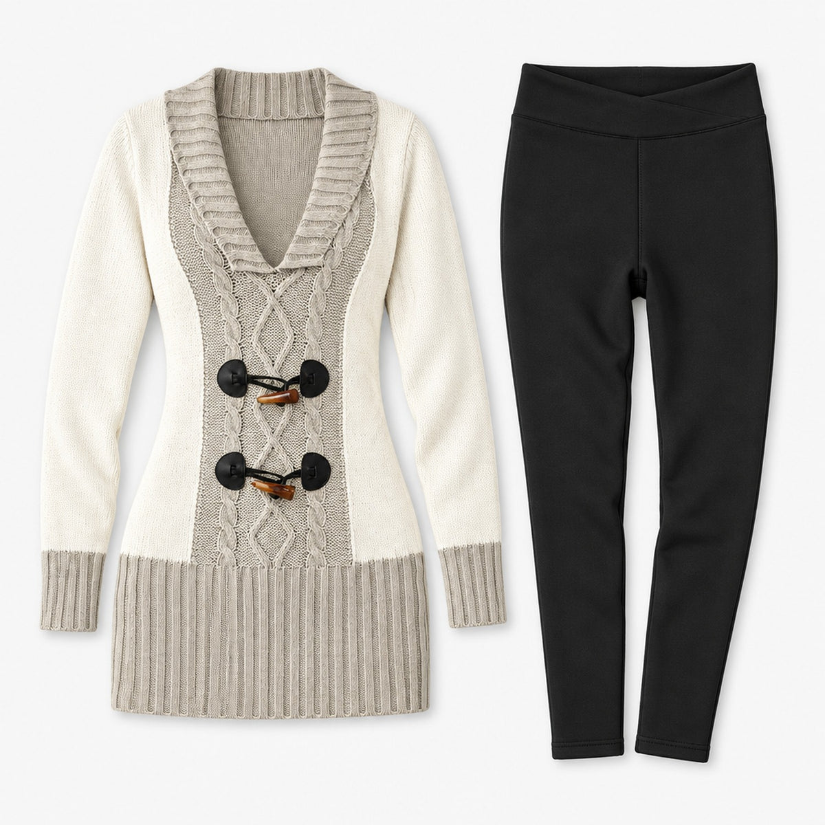 Ensemble pull bicolore beige et legging fourré femme, vue à plat