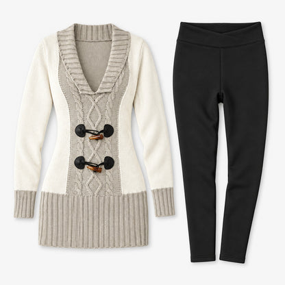 Ensemble pull bicolore beige et legging fourré femme, vue à plat