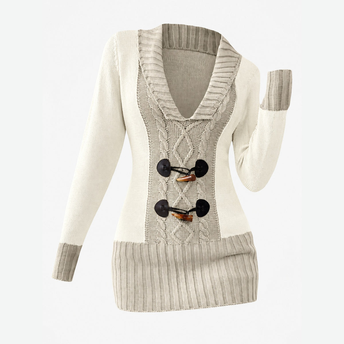 Gros plan du pull bicolore beige en maille, détail du tissu