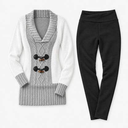Ensemble pull bicolore gris clair et legging fourré femme, vue à plat