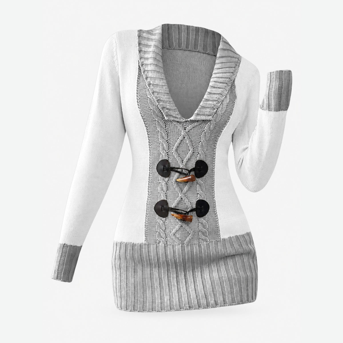Gros plan du pull bicolore gris clair en maille, détail du tissu