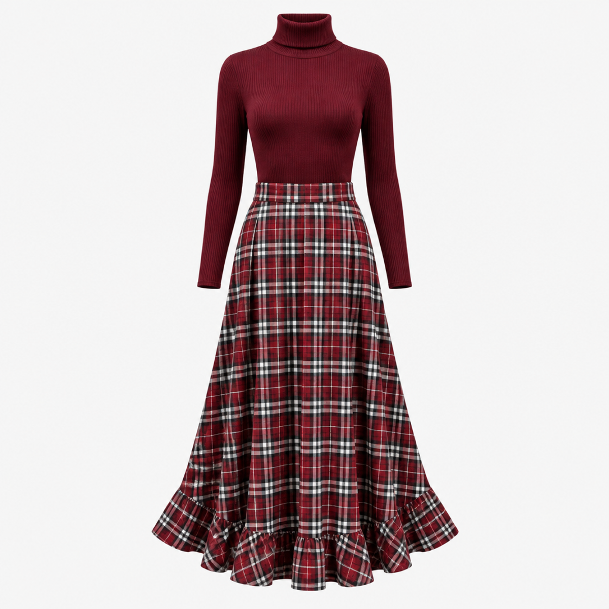 Ensemble jupe tartan bordeaux et pull côtelé assorti présenté seul sur fond studio blanc, sans mannequin