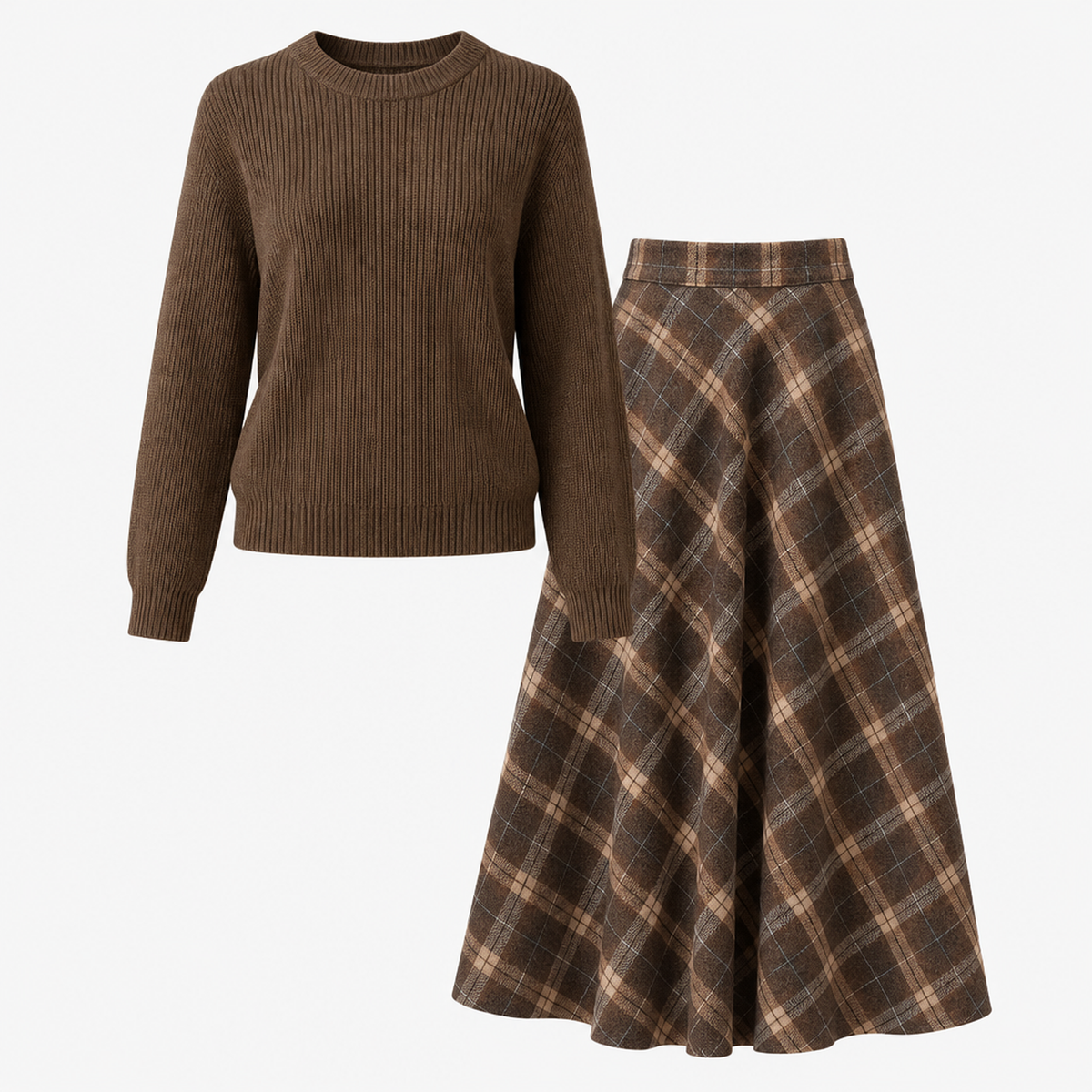 Ensemble pull en maille marron et jupe crayon à carreaux taille haute, vue de face sur fond studio