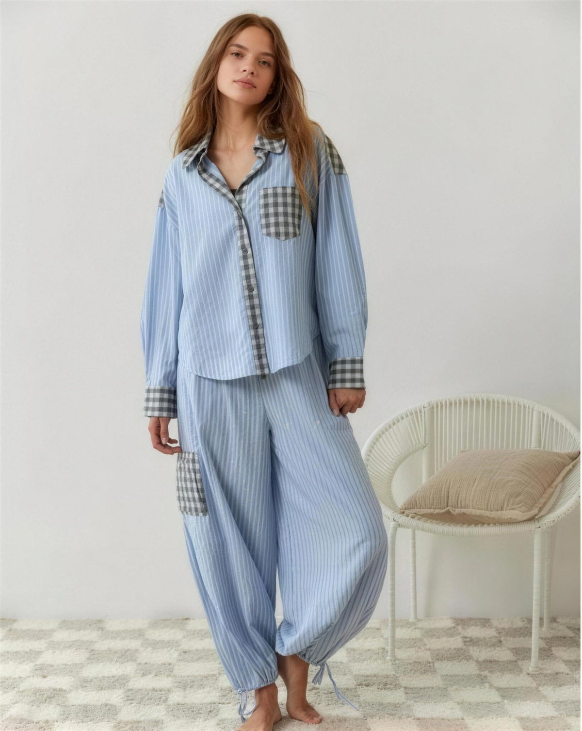 Pyjama Femme Confortable – Coupe Ample à Carreaux, coloris Bleu