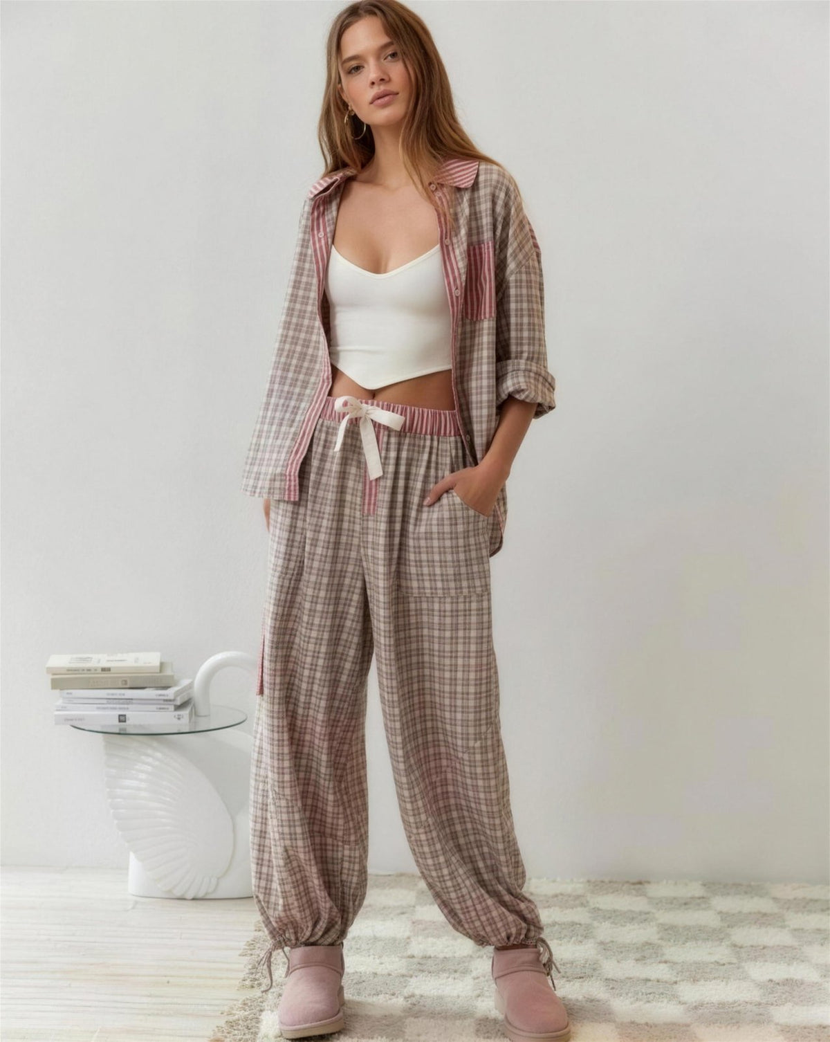Pyjama Femme Confortable – Coupe Ample à Carreaux, coloris Rose