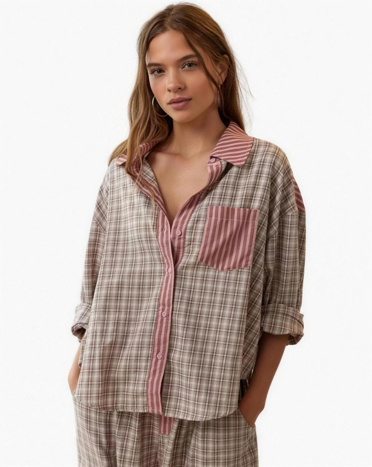 Pyjama Femme Confortable – Coupe Ample à Carreaux, coloris Rose