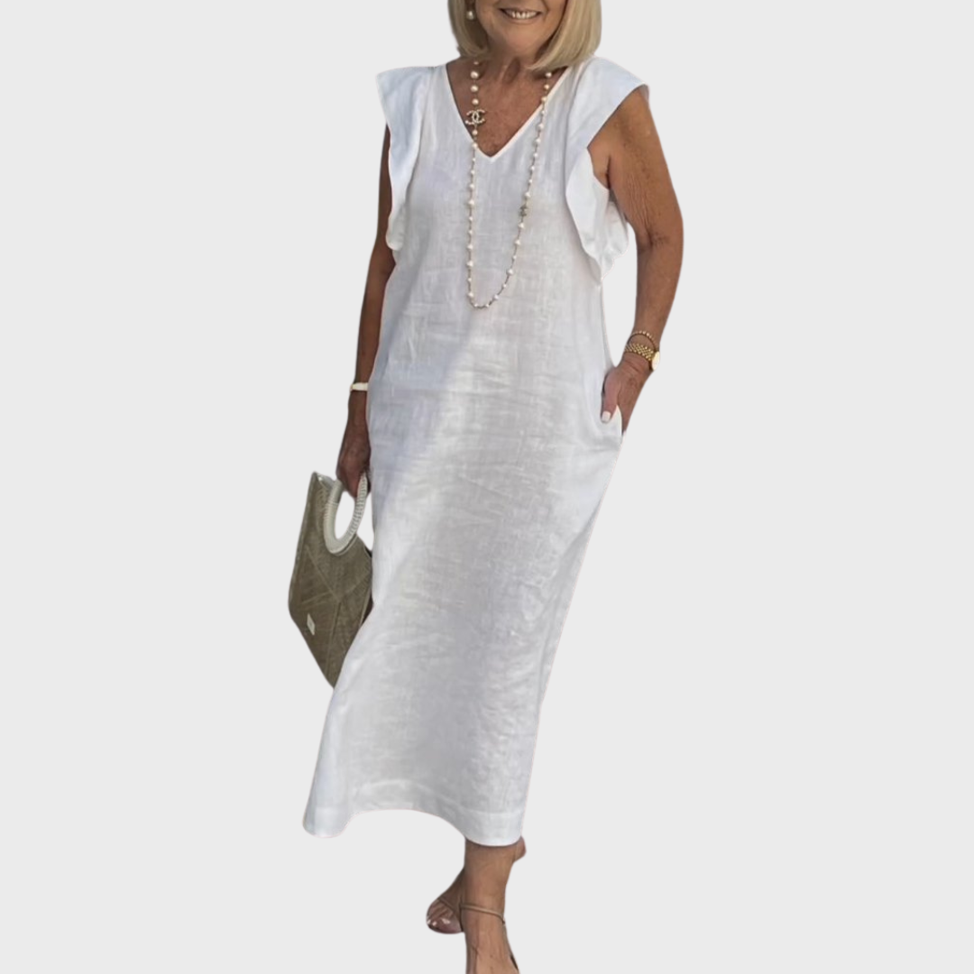 Robe Longue Lin Col V - Blanc